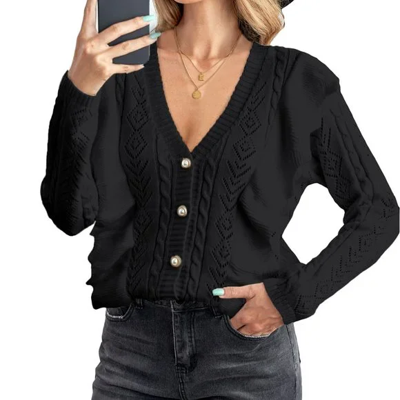 Black Ruffled Buttoned Open Front Knitted Sweater - Picture 6 of 16